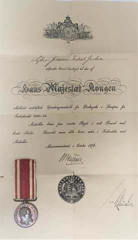 Dänemark. Medaillen. Für die Teilnahme am Krieg 1848-50. Durchmesser 3 cm. Mit 
Papieren aus dem Marineministerium