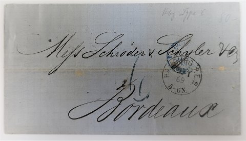 Postage letter from Hamburg to Bordeaux via Paris. 01/22/1869
