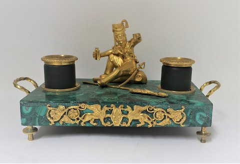 Ink house with base of malachite, and gilded soldier. Length 28 cm. Width 14 cm. Height 14 cm. Probably Russian.
