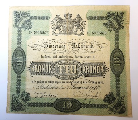 Sweden. 10 krone note from 1876. There is a small hole in the middle