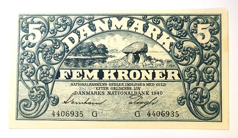 Denmark. Banknote DKK 5 1940 G. Nice well-preserved banknote.