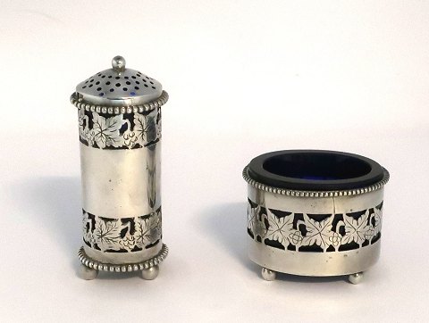 Silver salt & pepper set with blue glass.