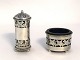 Silver salt & pepper set with blue glass.